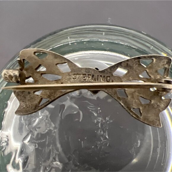 1930s Sterling Silver Brooch Pin Filigree Blue Stone Center Floral Vintage 925 - Picture 4 of 8